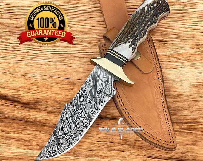 Custom and handmade Damascus steel hunting knife with fire pattern camping knife leather sheath Included.