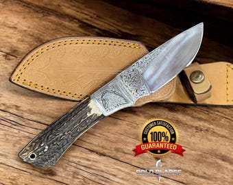 Custom handmade D2 steel knife camping knife hand engraved blade stag horn knife