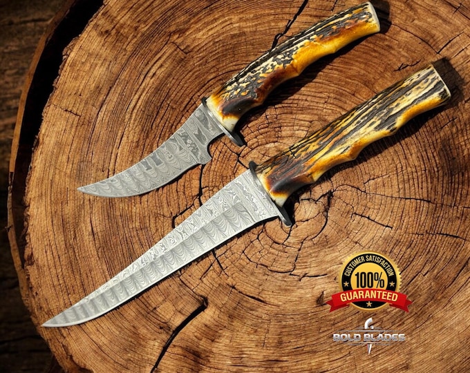 Custom handmade Damascus steel Fillet knives outdoor antler