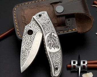 Engraved Folding Knife Custom Handmade Furious Wolf Genuine Leather Sheath Best gifting knife Best gifts for him