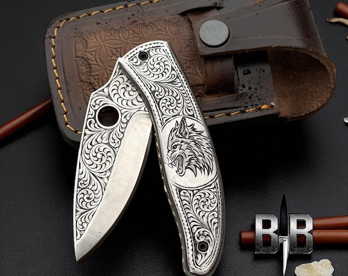 Engraved Folding Knife Custom Handmade Furious Wolf Genuine Leather Sheath Best gifting knife Best gifts for him
