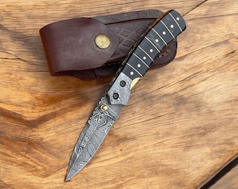 handmade Damascus steel folding knife buffalo horn handle with spacers inner lock