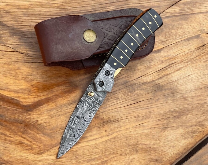 handmade Damascus steel folding knife buffalo horn handle with spacers inner lock