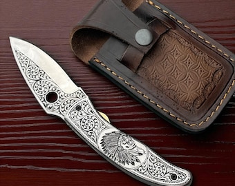 Engraved Folding Knife Custom Handmade Apache Head Engraved Genuine Leather Sheath Best gifting knife Best gifts for him