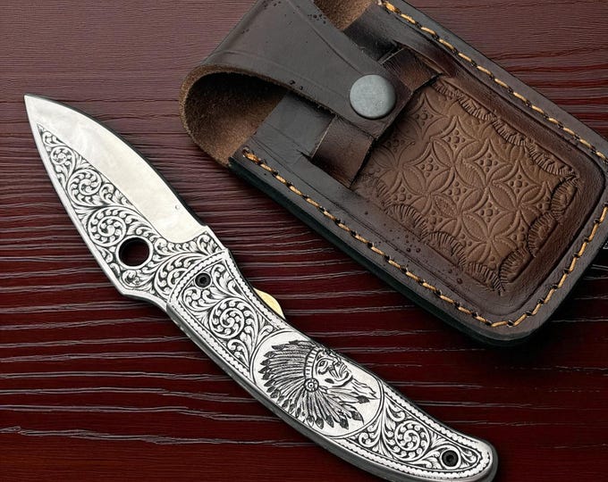 Engraved Folding Knife Custom Handmade Apache Head Engraved Genuine Leather Sheath Best gifting knife Best gifts for him