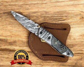 handmade Damascus steel folding knife buffalo horn handle with scrimshaw art design liner lock