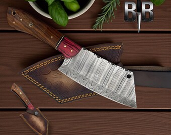 Handmade Damascus steel kitchen knife meat cleaver wood handle fixed blade meat chopper