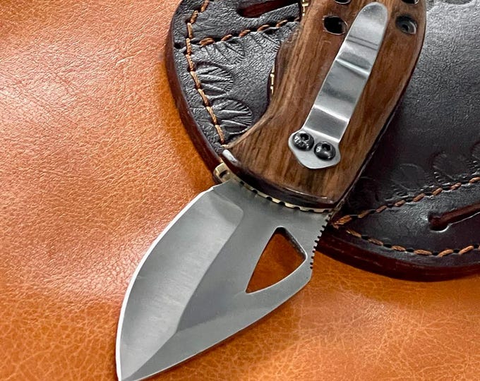 Handmade D2 Steel Mini EDC Folding knife Walnut wood Chubby Folding Knife with Belt Clip and Sheath