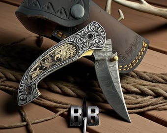 High quality Damascus steel hand Engraved folding knife with brass and steel handle  brass pin pocket knife EDC knife