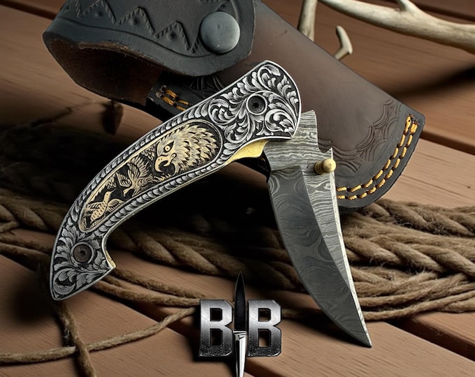 High quality Damascus steel hand Engraved folding knife with brass and steel handle  brass pin pocket knife EDC knife