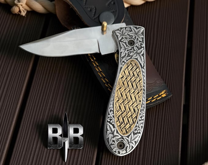 High quality D2 steel hand Engraved folding knife with brass and steel handle  brass pin pocket knife EDC knife