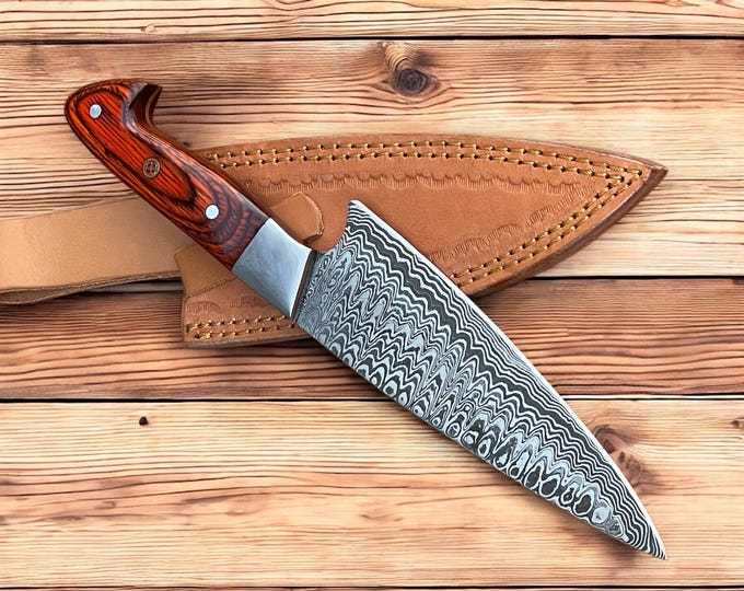 Custom handmade Damascus steel chef knife kitchen knife wood handle.