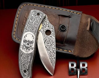 Engraved Folding Knife Custom Handmade Skull Engraved Genuine Leather Sheath Best gifting knife Best gifts for him