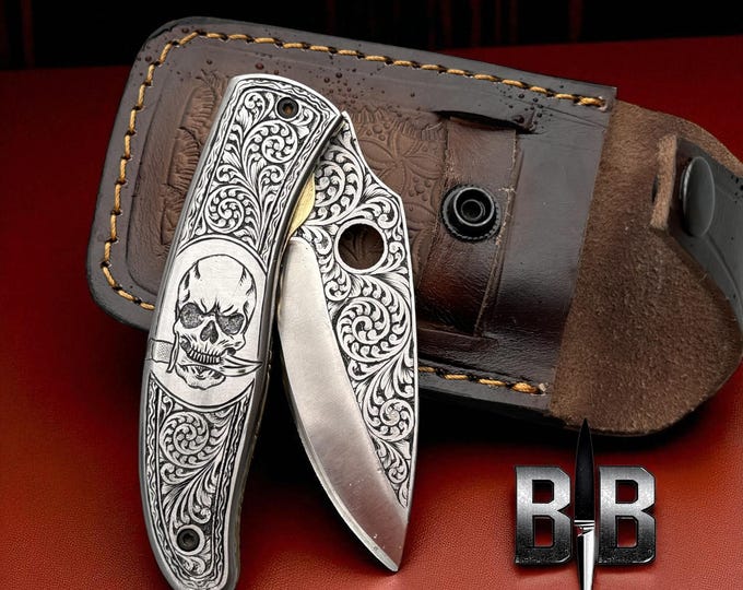 Engraved Folding Knife Custom Handmade Skull Engraved Genuine Leather Sheath Best gifting knife Best gifts for him