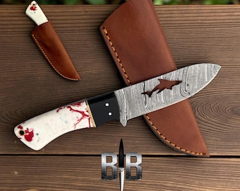 Handmade Damascus steel camping hunting knife fishing knife Full tang  acrylic resin sheet Cutout design blade shark