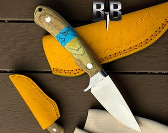 Custom steel skinning knife wood handle with real turquoise stone EDC knife hunting knife camping knife
