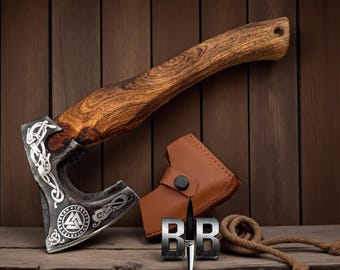 Handmade forged carbon steel hatchet with ash wood handle viking bearded camping axe, gift for him black handle