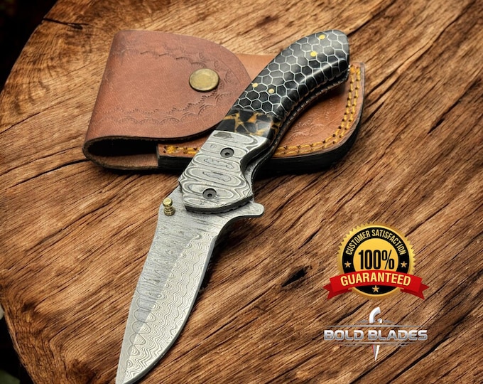 Custom handmade folding knife with honeycomb handle