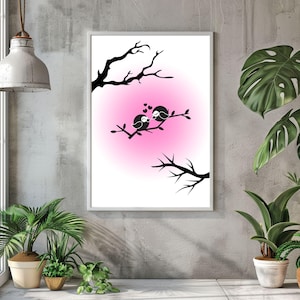 Vögel in Liebe Wandkunst Digital Download Minimalist Romantik Druck Moderne rosa Dekor ästhetische druckbare Kunstwerk Liebe Vögel Poster süße Kunst