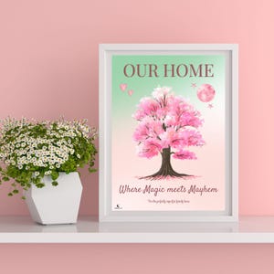 Arte mural con cita familiar A3 / Impresión donde la magia se encuentra con el caos / Póster de un hogar perfectamente imperfecto / Decoración de caos botánico / Regalo para ella en el Reino Unido /
