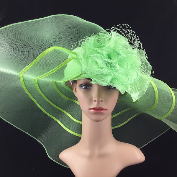 Chapeau sinamay vert lime à bord extra large et chapeau Derby Kentucky en résille à bord large en résille Chapeau d'église Chapeau de mariée mariage Robe chapeau Chapeau de fête de thé