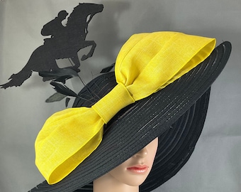 Yellow and Black Kentucky Derby Hat , Extra Large Yellow Bow, Designed and Made in USA Ready to Ship