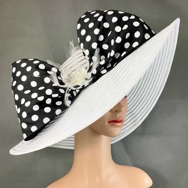 Black White Kentucky Derby Hat with Polka Dot hat band Fascinator