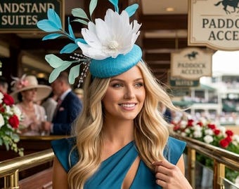 Kentucky Derby Hat Fascinator Light Green Blue White Feathers Blossom Handmade USA