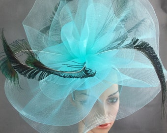 Turquoise Blue Kentucky Derby Fascinator Headpiece with Peacock Fringe Feather Fascinator with Headband