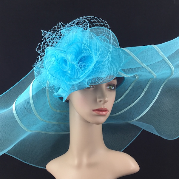 Turquoise Blue Extra Wide Brim Sinamay and Mesh Wide Brim Kentucky Derby Hat Church Hat Bridal Wedding Hat Dress Hat Tea Party Hat