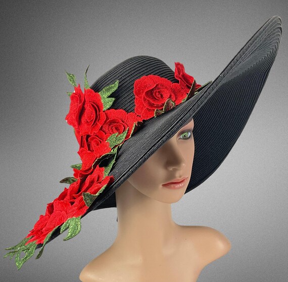 Deep Red and BlackPolka Dot Kentucky Derby Preakness Church Funeral Hat … Polka Dot Brim Organza Hat - Kentucky Derby Hat Collection  main image 2