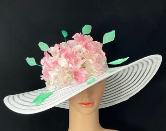 Light Pink and White derby hat with Feathers, Spring Tea Party