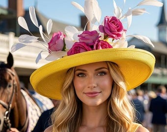 Kentucky Derby Hat, Yellow Pink White, Horse Race, Designed and Made in USA, Ready to Ship