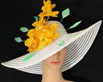 Kentucky Derby Hat with Golden Yellow Orchid and Feathers