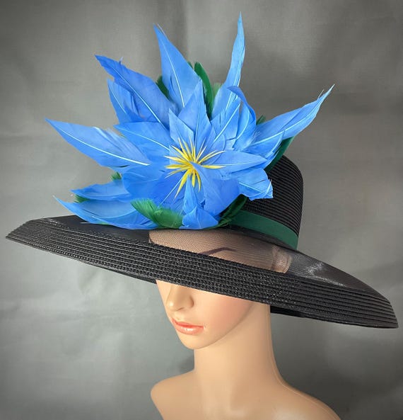 Elegant Black Feathered Hat with Blue Accents Navy Blue & Black Wide Brim Derby Hat, Kentucky Derby Party  main image 3