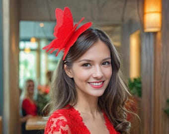 Red Derby Fascinator Hat, Red Butterfly Headpiece, White  display picture 2