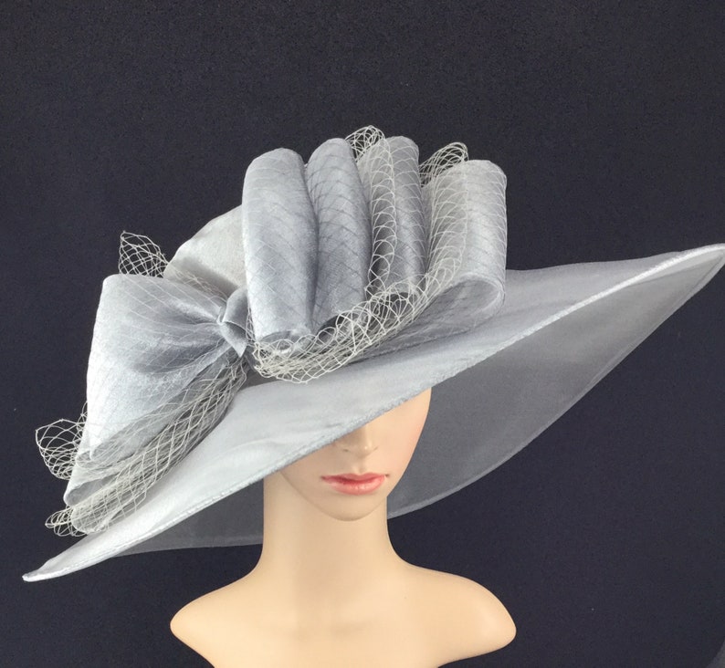 Silver Grey Big Bow Wide Brim Kentucky Derby Hat Womens Dress Tea Party Ascot Horse