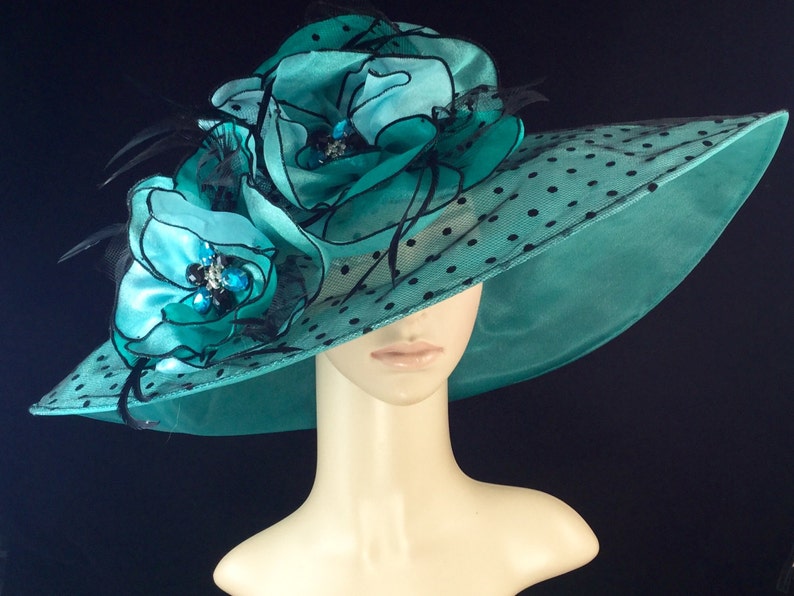Womens Kentucky Derby Hat Turquoise and Black Fascinator Derby Hat Dress Hat Wedding Hat Wide Brim Hat Tea Party Hat Ascot 