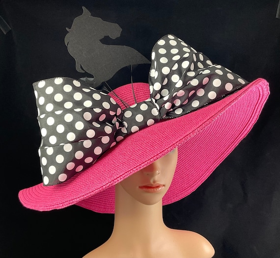 Black White Polka Dot Kentucky Derby Pink Hat ,Horse Racing, Ready to Ship