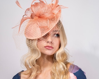 Peach Pink grey gold black Fuchsia Burgundy Navy Woman Sinamay Feather Fascinator with Headband and Veiling