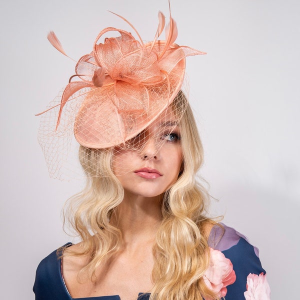 Peach Pink grey gold black Fuchsia Burgundy Navy Woman Sinamay Feather Fascinator with Headband and Veiling