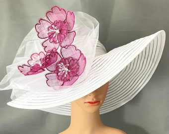 Grape Purple and White Kentucky Derby Hat ,Handmade Sinamay Flowers,Designed and Made in USA,Ready to Ship