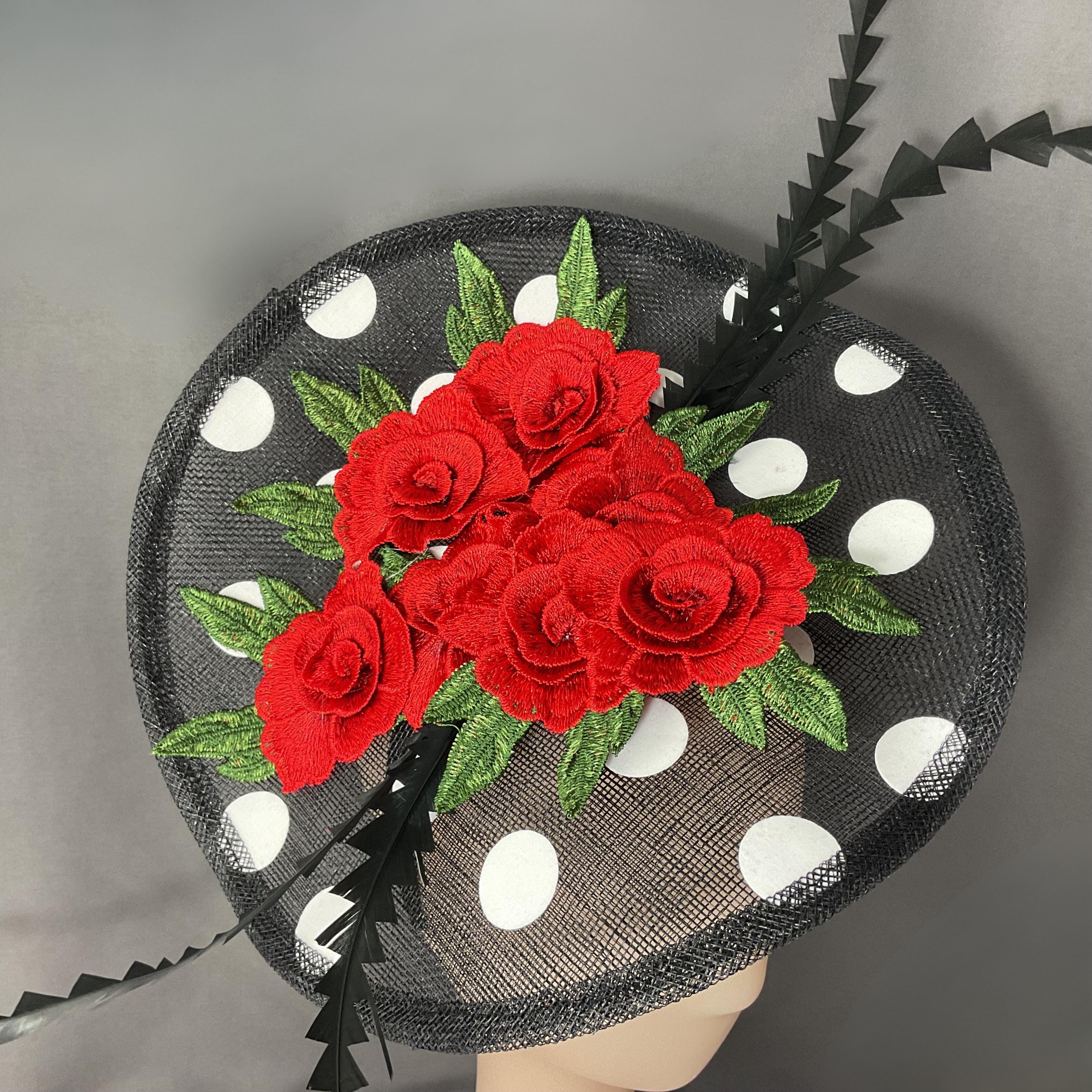 Red Rose Polka Dots Kentucky Derby Black Fascinator Hat  display picture 2