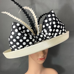 Ivory Kentucky Derby Hat with Polka Dot hat band and feather