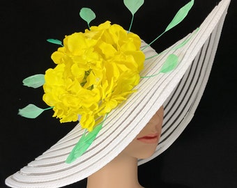 Yellow and White Women’s Derby hat with Feathers , Spring Tea Party