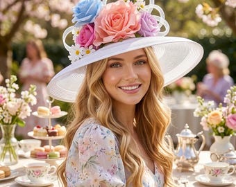 Elegant Pastel Floral Wide Brim Hat Kentucky Derby & Garden Parties