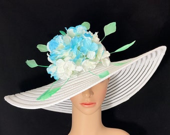 Blue and White Women’s Derby hat with Feathers , Spring Tea Party