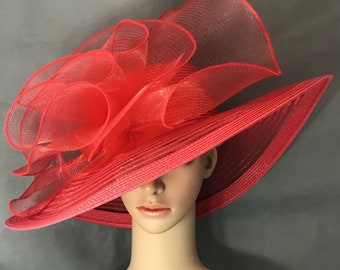 NEW Red Kentucky Derby Hat with big Mesh Flower and Feather Derby Hat Dress Hat Wedding Wide Brim Hat Tea Party Hat Ascot