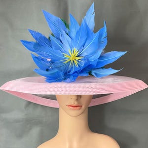 Pink Lampshade Kentucky Derby Hat with Blue Feather Flower Dot Bow Horse Race Designed and Made in USA Ready to Ship