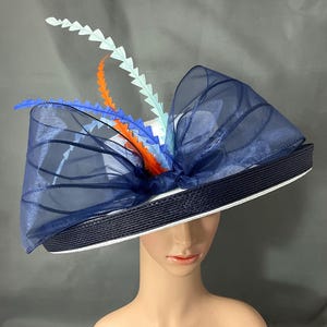 Navy Blue and White Kentucky Derby Hat with multicolor feathers,Ready to Ship